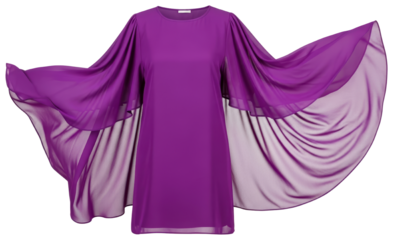 Purple chiffon dress with flowing sheer cape sleeves and elegant style isolated on transparent background