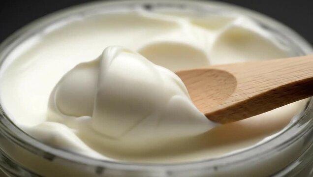Smoothing white cream with wooden applicator on black background