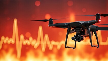 Drone equipped with camera hovering in front of vibrant heartbeat waveform, symbolizing technology's role in emergency action plans and response strategies.