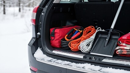 Emergency action plan supplies organized in vehicle trunk, featuring winter gear, tools, and safety equipment for preparedness in snowy conditions.