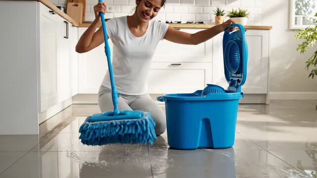 Woman Cleaning Tiled Floor with Mop - A woman on her knees is wringing out a blue microfiber mop into a matching blue bucket with a wringer attachment.