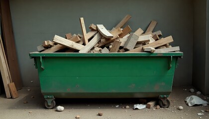 Green dumpster filled with wooden planks and debris