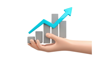 Hand holding bar graph with upward trending arrow