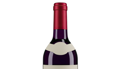 Close-up of a dark wine bottle with red foil and cream label