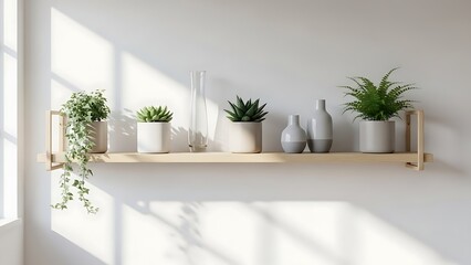 Wooden shelf with potted plants and vases on white wall near window, natural light