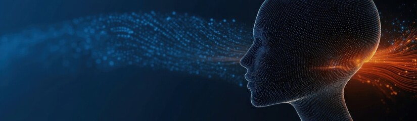 Contemplative digital human profile made of glowing dots with blue particle stream entering and orange data flow exiting, conveying futuristic introspection and connection