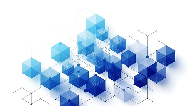 Blue 3D cubes connected by lines on white background blocks
