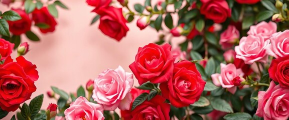 Obraz premium Vibrant red and pink rose blooms fill the frame, creating a soft, natural floral background texture, blossom, texture