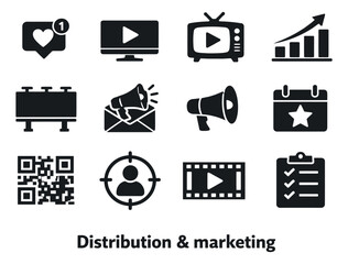 Modern solid marketing and distribution icon set featuring social media, advertising, video, and analytics for business communication