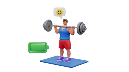 3D Man Lifting Weights with Happy Emoji and Battery Icon