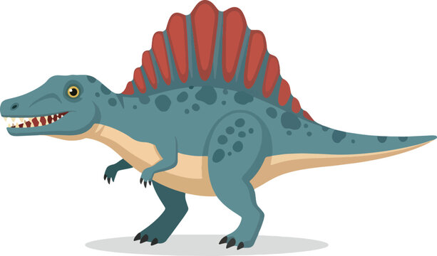 Cartoon illustration of a blue Spinosaurus dinosaur with a prominent red sail