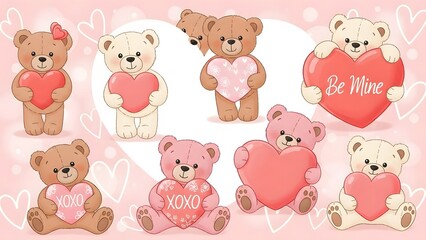 Fototapeta premium Cute teddy bears holding hearts, Valentine’s Day illustration, adorable style, pastel color palette