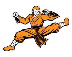 Martial Artist Performing Flying Kick in Orange Uniform, Black Belt, White Wraps, Focused Expression, Dynamic Action Pose on Bright Background