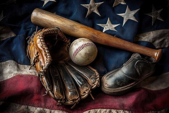 Worn leather baseball glove, scuffed ball, wooden bat and single cleat resting on a folded stars and stripes flag, evoking nostalgic patriotic pride