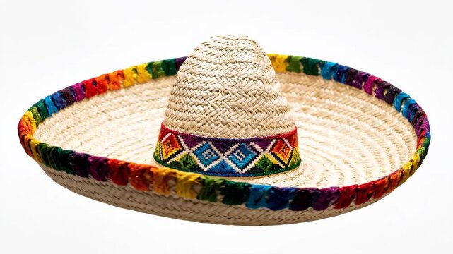 Colorful Woven Sombrero - A brightly decorated sombrero sits against a white background. The brim and crown base have a colorful pattern with a rainbow palette of shades.