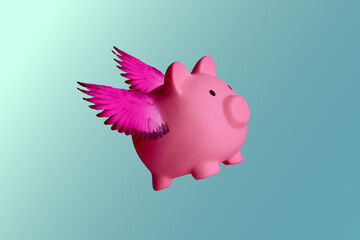 flying piggy bank financial freedom wealth growth success imagination concept