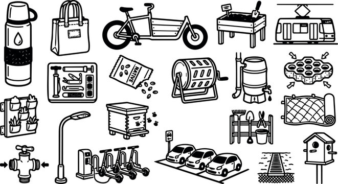 Line art eco icons showing cargo bike, compost tumbler, bee hive, tram, ev parking, tote bag, tools, urban garden sketch