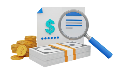 Financial Analysis with Magnifying Glass, Money, and Document