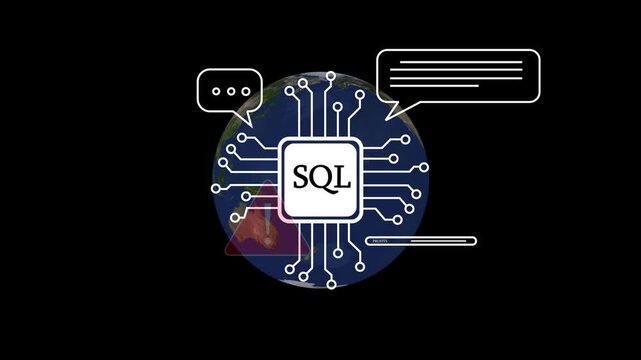 Digital Circuit Board with SQL Chip and Warning Symbol on Black Background technology