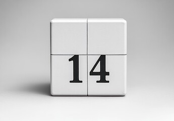 minimal white cube desk calendar of four square blocks showing the number 14 on a soft gray background, clean and calm minimalist mood