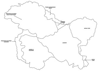 Obraz premium Detailed Political Map of Greater Kashmir Region with Labels Including Ladakh Jammu Aksai Chin Gilgit Baltistan and Siachen Glacier with Directional Arrows for Educational Reference and Vector Atlas