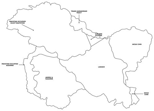 Detailed Political Map of Greater Kashmir Region with Labels Including Ladakh Jammu Aksai Chin Gilgit Baltistan and Siachen Glacier with Directional Arrows for Educational Reference and Vector Atlas