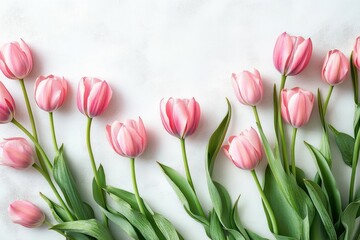 Fototapeta premium Delicate pink tulips with green leaves arranged in a neat row on a white textured background, evoking calm spring freshness and a gentle romantic mood
