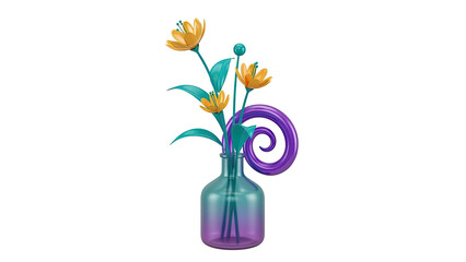 3D render of yellow flowers in a gradient vase with a purple swirl