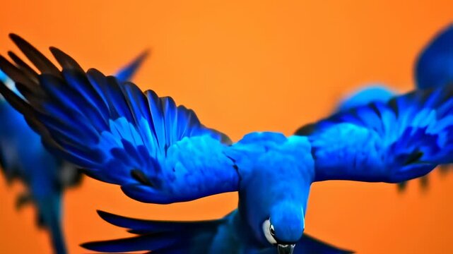 Vibrant blue parrot in flight against an orange background