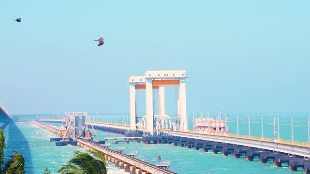 Aerial View of Pamban Rail Bridge, Tamil Nadu, India,