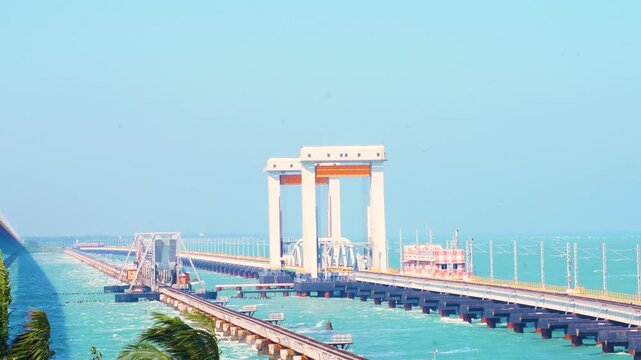 Aerial View of Pamban Rail Bridge, Tamil Nadu, India,
