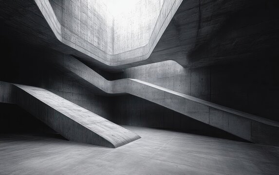 empty concrete interior with sweeping curved ramps, large skylight and dramatic light and shadow conveying a quiet austere contemplative mood