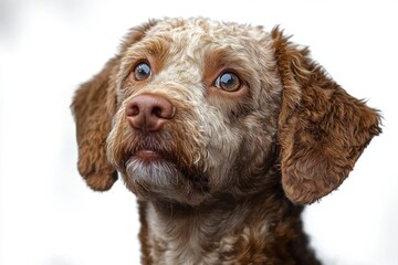 close-up portrait of a small brown curly-haired dog looking upwards with expressive eyes and wet nose