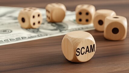 Wooden dice with the word scam displayed prominently on a wooden table alongside scattered dice and a background of cash representing financial crimes and corruption concepts