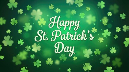 Happy st patricks day text surrounded by glowing shamrocks on a green background with variations in light and color intensity