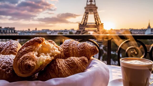 Parisian Breakfast with Eiffel Tower View - A basket overflowing with powdered sugar-dusted croissants sits on a table next to a steaming cup of coffee, set against the backdrop of the Eiffel Tower