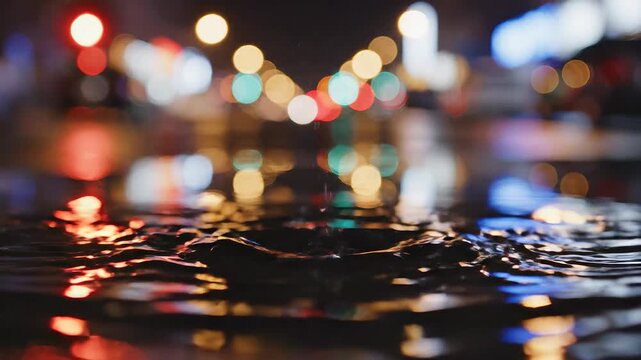 Mesmerizing high-speed capture of a water splash creating intricate crown patterns and expanding ripples against a vibrant, colorful bokeh background, showcasing fluid dynamics and abstract beauty in.