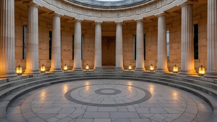 Fototapeta premium Circular stone building with columns and lanterns, interior view of a classical temple or rotunda at dusk