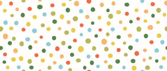 Cute birthday polka dot seamless pattern. Pastel repeated round random confetti background. Nice dotted wallpaper for Easter wrapping paper, birthday decoration design, kid bday nursery decor. Vector