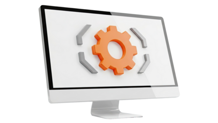 Computer screen with gear icon and arrows