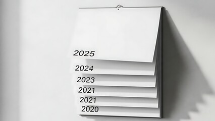 A wall calendar displaying upcoming and past years, symbolizing the passage of time, future planning, and reflection on previous milestones and achievements