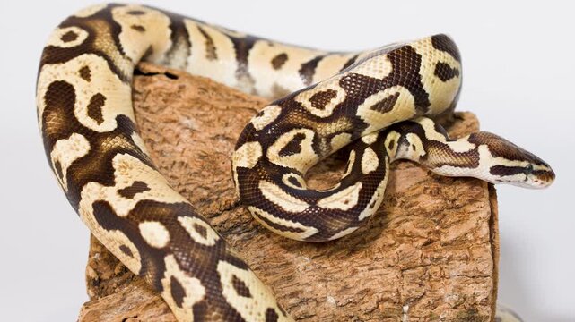 Close Up of Ball Python Coiled on Textured Wood Log