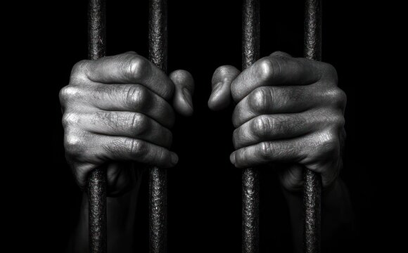 Two weathered hands tightly gripping cold metal bars in deep darkness, conveying confinement, desperation and longing