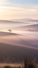 Obraz premium Foggy landscape with rolling hills and trees at sunrise