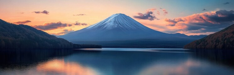 snow-capped conical mountain rising above a tranquil mirror-like lake at sunset with colorful clouds and forested shores, evoking a serene peaceful mood