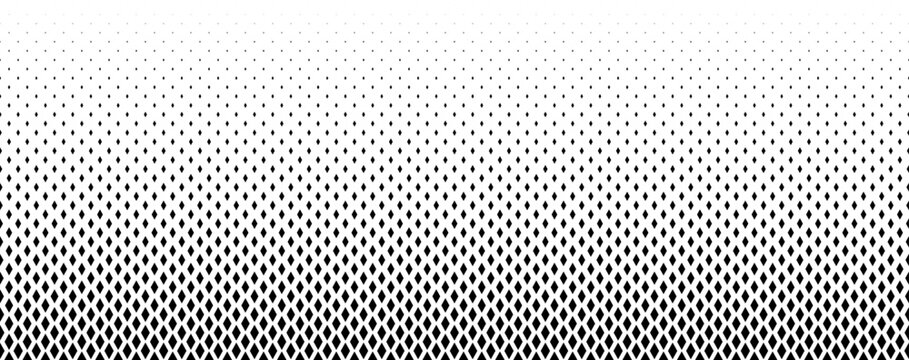 Fading diamond shape gradient pattern. Abstract rhombus gradation background. Back and white rhomb halftone wallpaper for graphic design, poster, medical banner. Vector vertical transition pattern bg