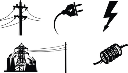 Electricity and power icon set, industrial energy generation symbols, electrical plug, lightning bolt, transmission lines, power plant, wire coil, voltage
