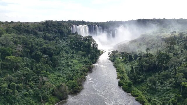 Breathtaking aerial drone perspective of the thundering Calandula Falls on the Lucala River, Calandula Municipality, Malanje Province, Angola, Africa