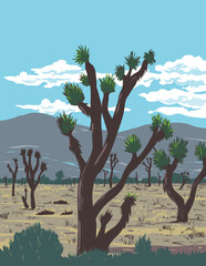 WPA style ukiyo-e or ukiyo illustration of Joshua trees in the western edge of the Mojave Desert in the Antelope Valley near Palmdale, California USA done in retro works project administration style.