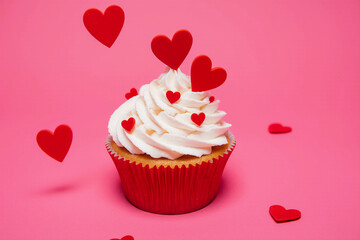 Happy Valentines day. Festive cupcake with red hearts on pink background. Concept for celebrations love. 3d rendering.